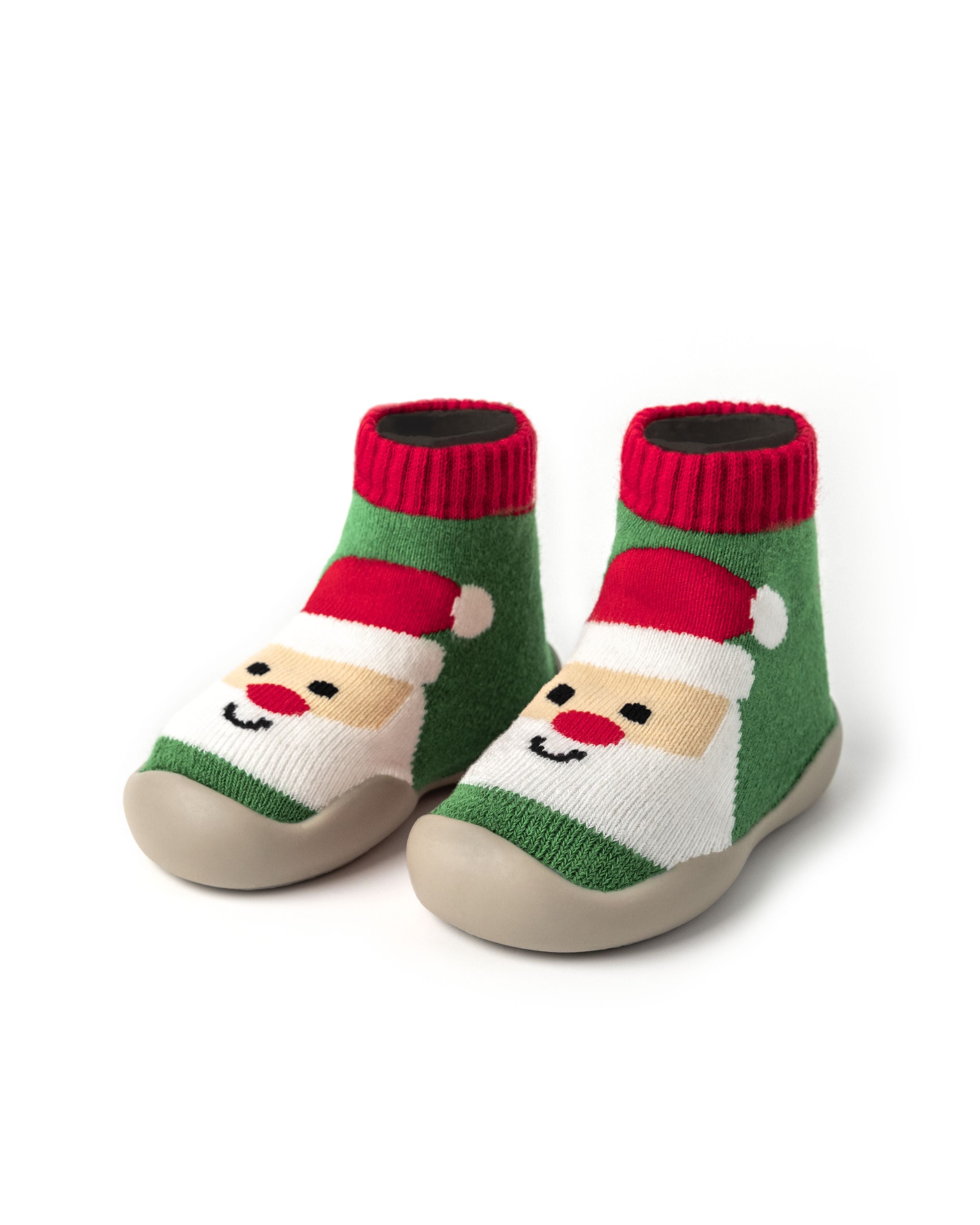 Jule babysko med motiv af julemandens ansigt, grøn og rød farve, bløde og skridsikre