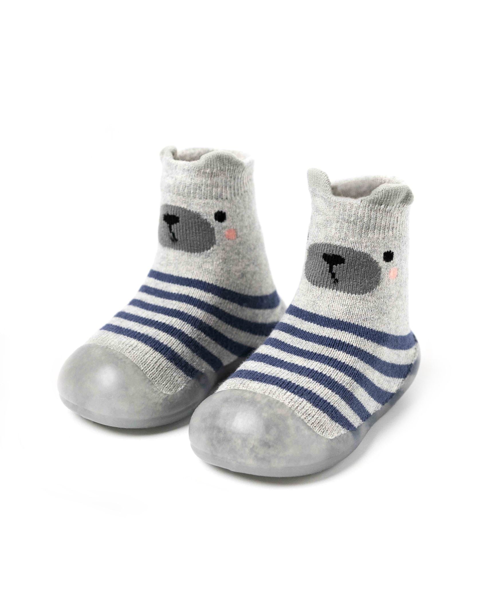 Grå Bjørn Begyndersko med mørkeblå striber og sødt bjørneansigt – fleksible og skridsikre prewalkers til små børn.