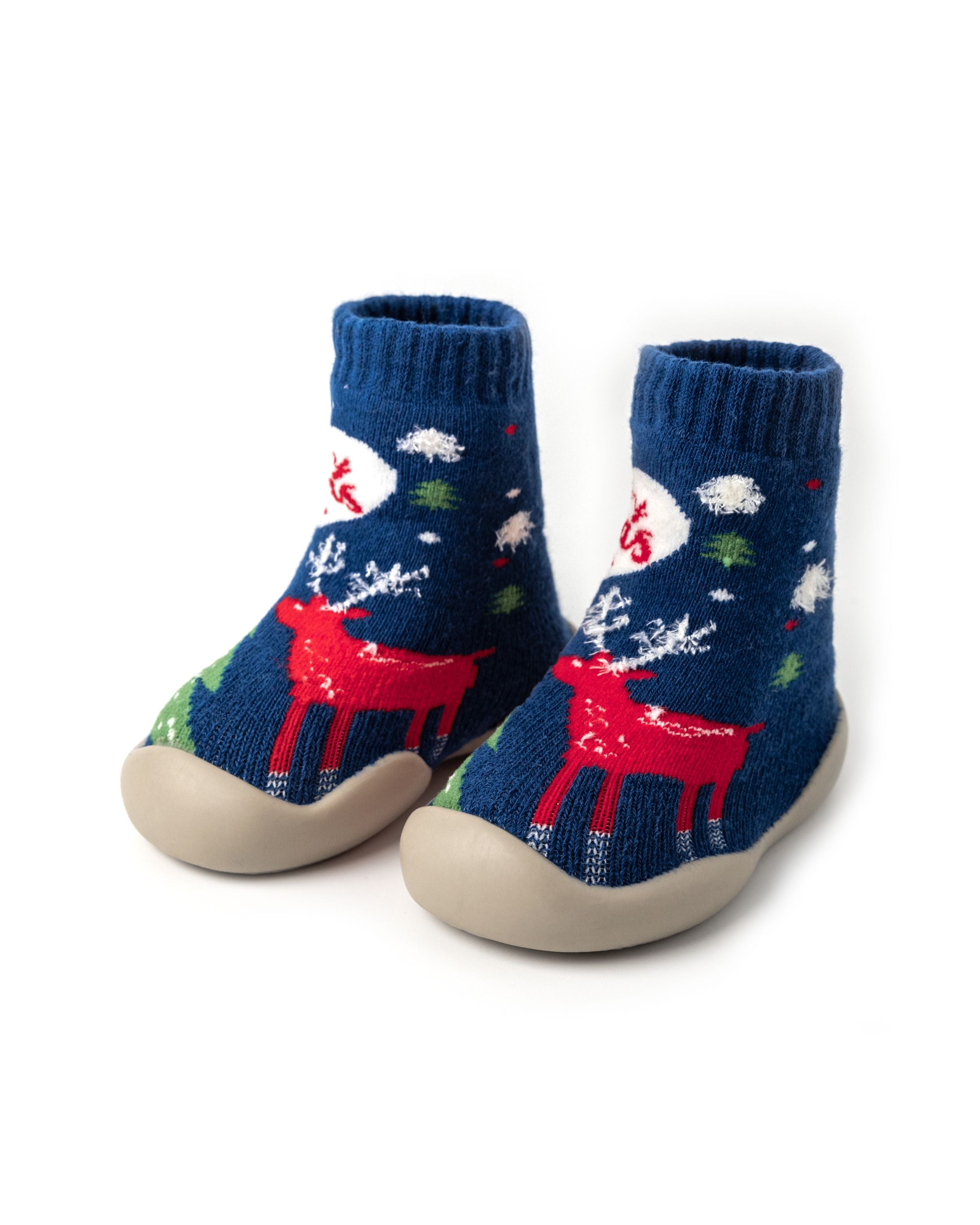 Blå julesko til børn med rød rensdyrmotiv og skridsikker sål.